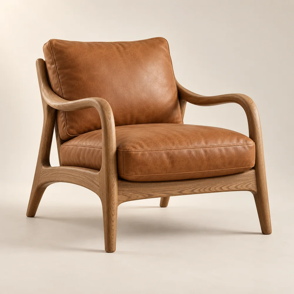 Sillón bajo de fresno tostado con tapizado de cuero color coñac